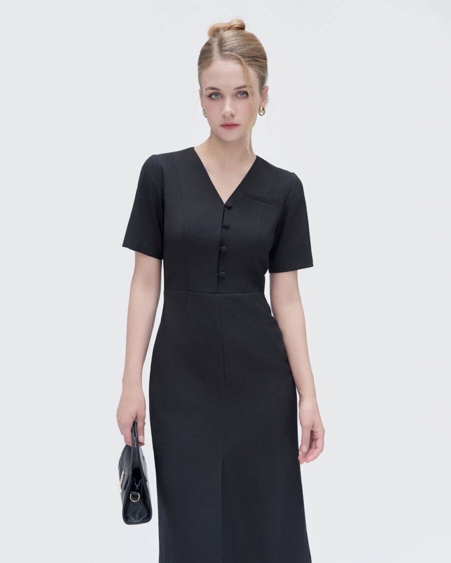 Elegant black sheath dress with button front and V-neckline