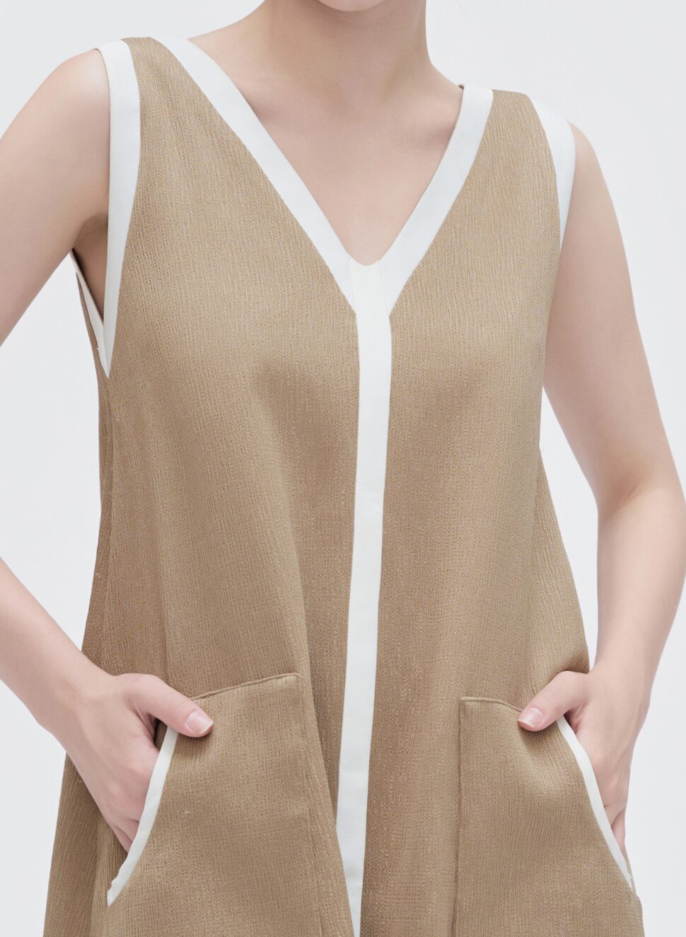 Elegant brown linen A-line dress with a classic V-neck design