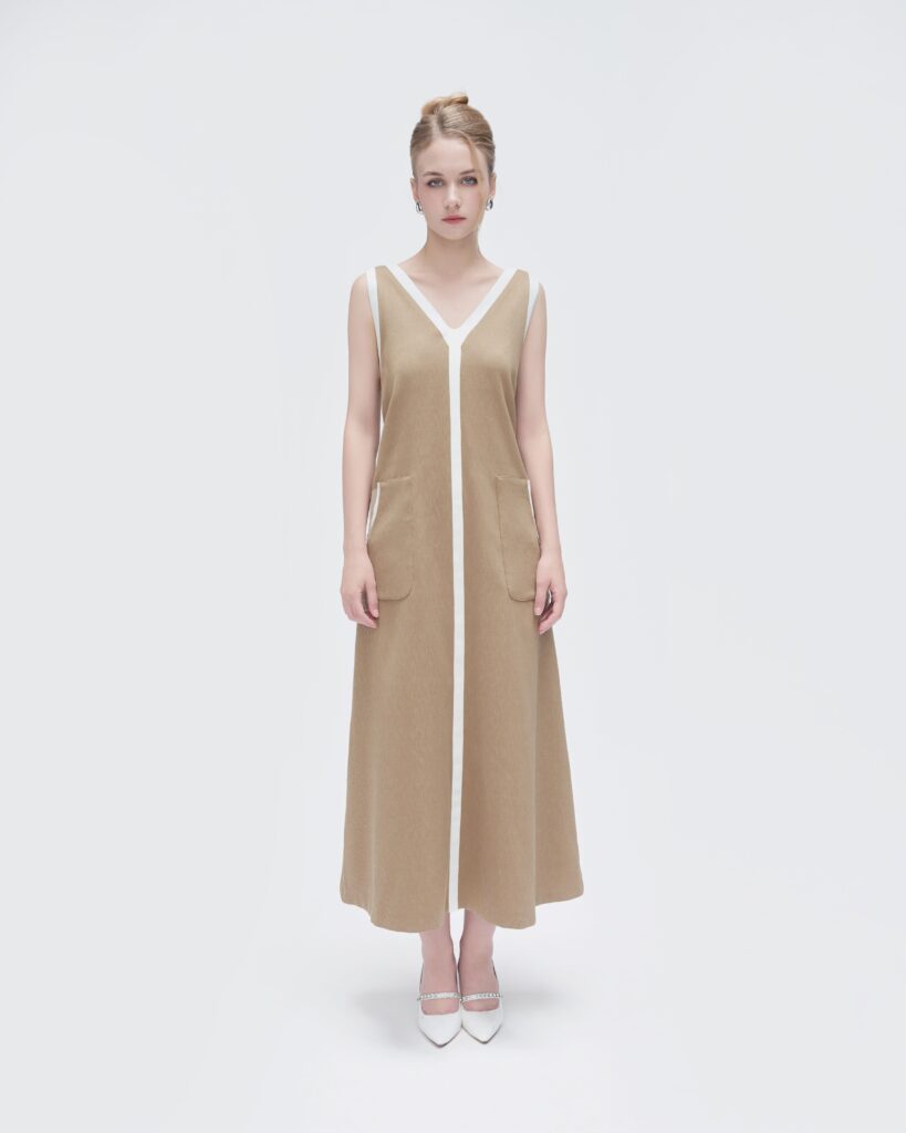 Sophisticated brown linen dress suitable for office wear or parties