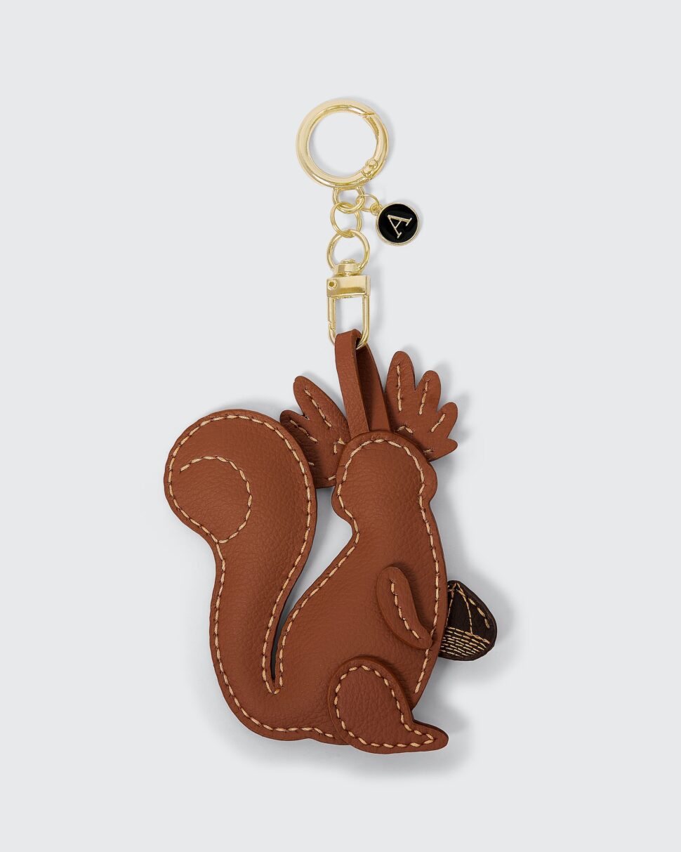 Adorable squirrel leather charm keychain, perfect for bags and keys